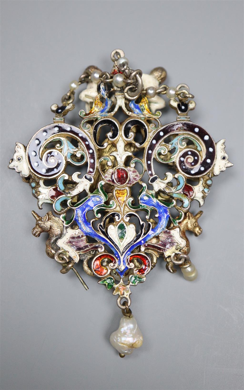 A 19th century Austro-Hungarian white metal, polychrome enamel, baroque pearl and diamond set drop pendant,